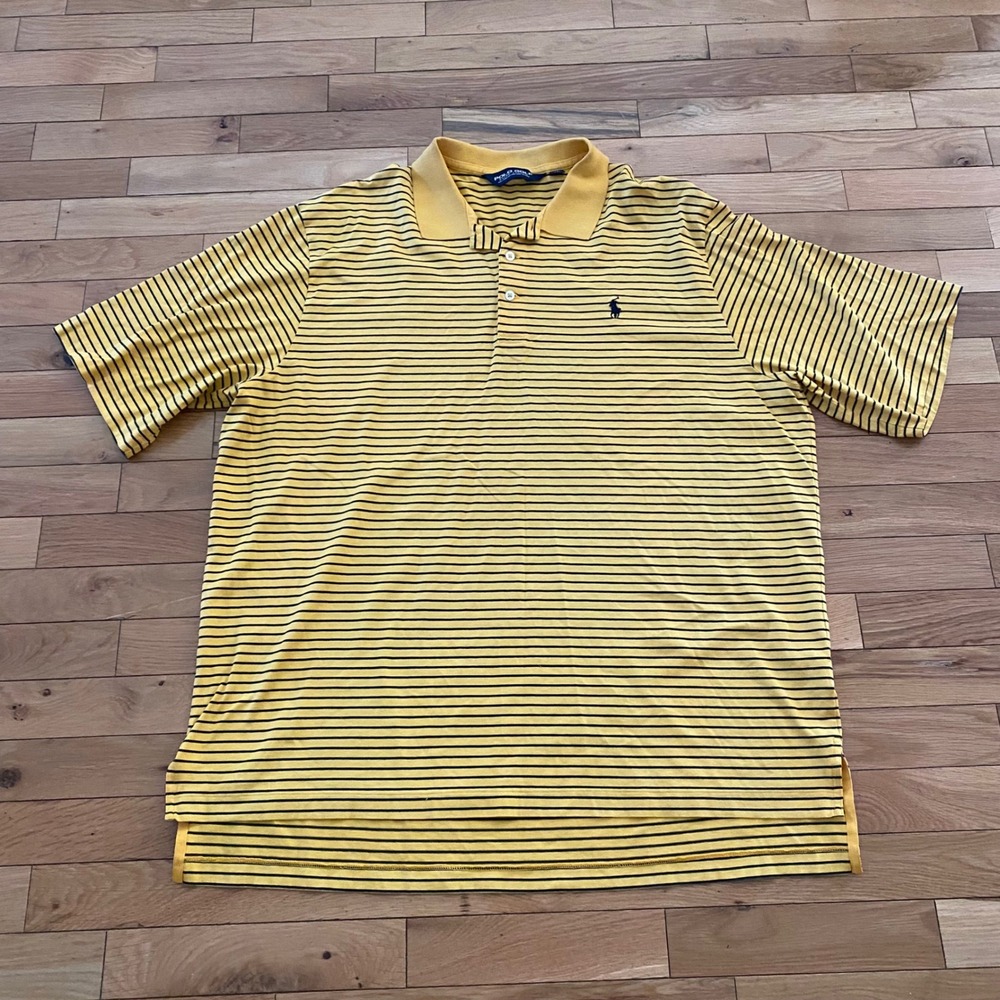 Polo Golf Ralph Lauren Mens XL Yellow‎ Navy Striped Pima Cotton Polo Shirt